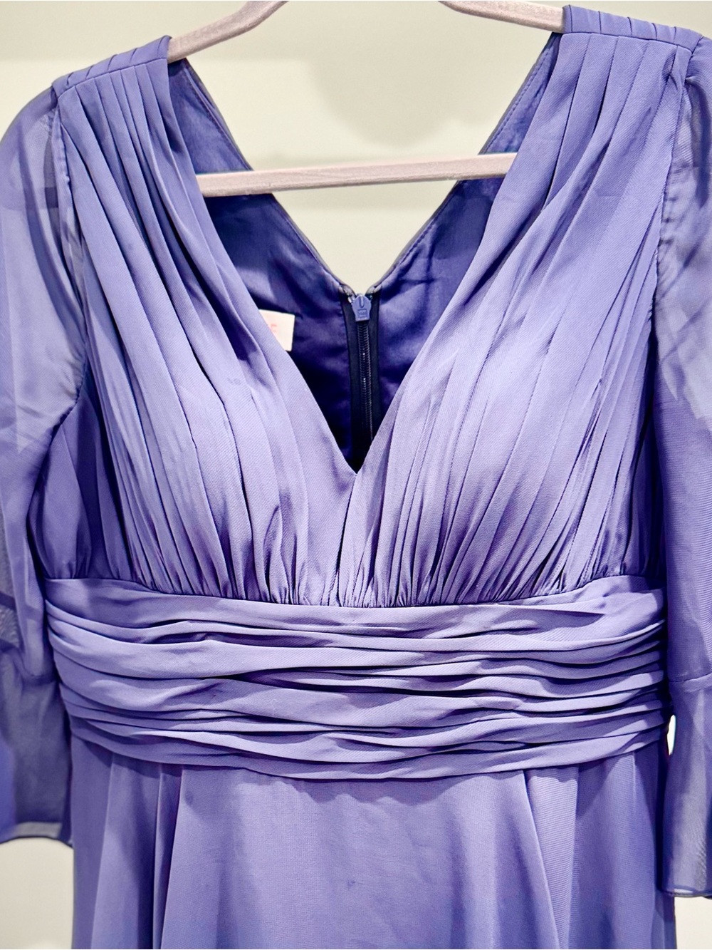 JJs House Lavender Pleated V-Neck Long Sleeve Evening Dress